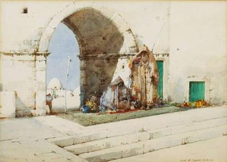 Title: An arched entrance to a street. 10" x 14.25"( 25.40cm x 36.20cm). Watercolor and pencil/Board. Farhat Art Museum Collection