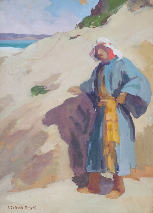 Titled: An Arab by the beach. Measures 20x14 inches Ghouache & watercolor on board Farhat Art Museum Collection 