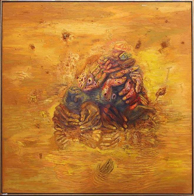 Title:''Tales of Yellow Skin #6,'' 1992 Artist: Long Nguyen 68" x 68" (172.72cm x 172.72cm) Created: 1992 Oil/Canvas Signed and Dated Farhat Art Museum Collection.