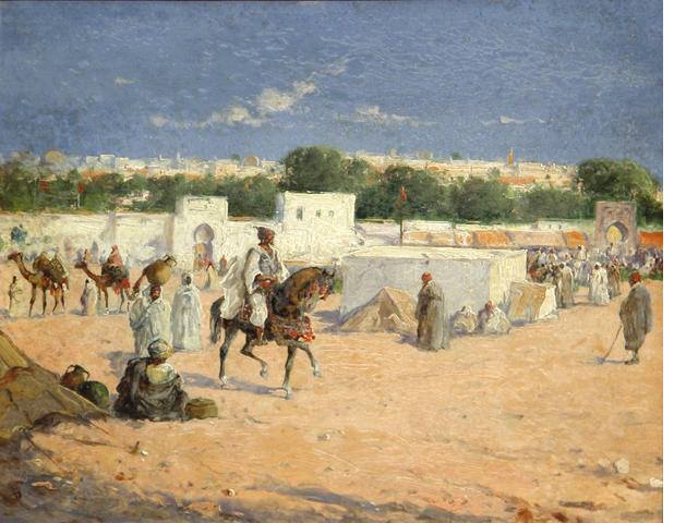 Baldomero Galofre Y Gimenez (1849 - 1902) Spanish Titled: a market outside the walls of an Arab city  Medium: oil on panel Measures: 8 1/2 x 10 1/2 inches Farhat Art Museum Collection