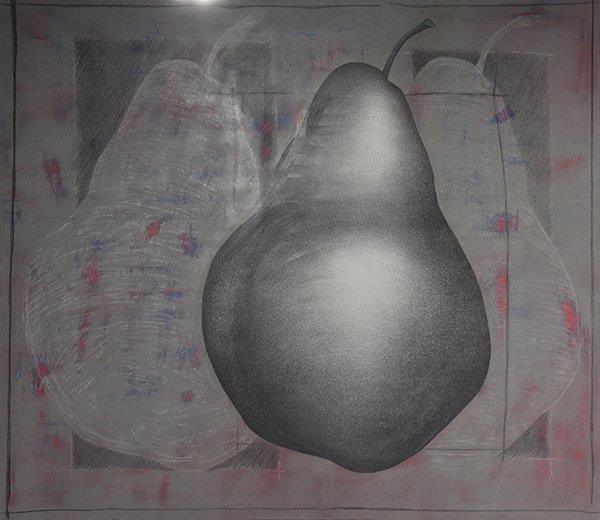 Van Dyke Jones (1953- ) Titled: Pear for Oppenheimer,"  dated 1998 and signed "Van Dyk Jones" verso It is oil on canvas  Measures: 48.25"h x 56.25"w Farhat Art Museum Collection