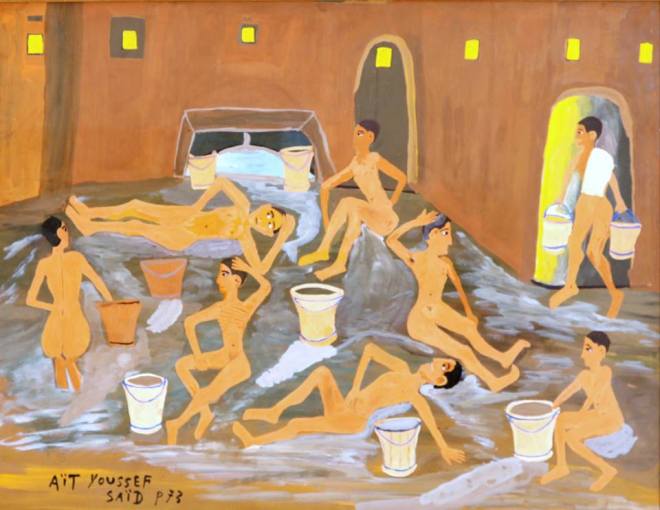 Said Ait Youssef (1920 - 1986) Morocco  Titled: Public bath  Medium: gouache on board  Measures: 20x26 inches  Farhat Art Museum Collection