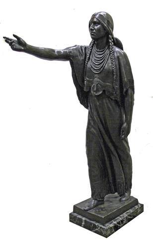 Artist: Cyrus Edwin Dallin (1861 - 1944) Titled: Sacajawea, cast from a model by Cyrus Dallin  Signed and date: inscribed '© C. E. Dallin 1915'  Medium: bronze with light brown patina on a marble base Size: height with base: 39in Farhat Art Museum Collection