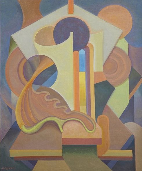 Artist: Oscar Vincent Galgiani (1903 - 1994) Titled: Movement of Light and Form  Dated 1981, singed lower left Oil on canvas  Measures 34.75" x 28.75" (88.27cm x 73.03cm Farhat Art Mseum Collection