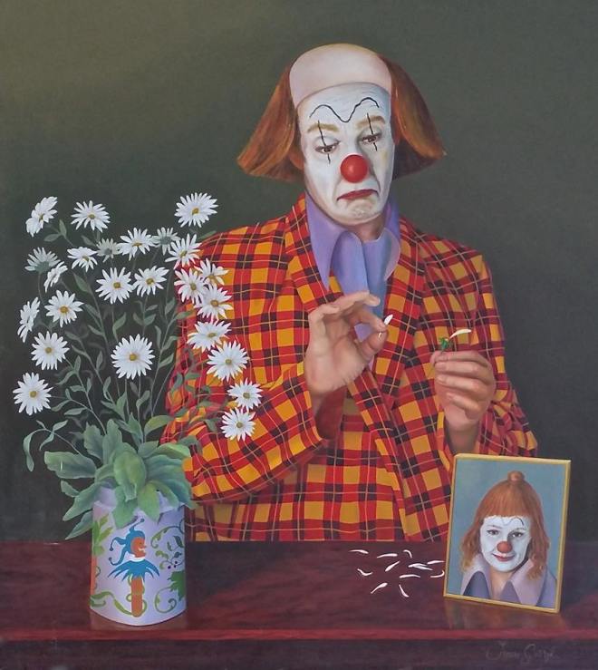 Artist: Ivan Garcia born (1927 - ) chile Latin America  Measures: 32x28.5 inches oil on canvas / board  Titled: "Mary, she loves me yes ..she loves me not "  The artist always saw himself as a clown. Signed lower right  Ivan Garrick  Farhat Art Museum Collection.