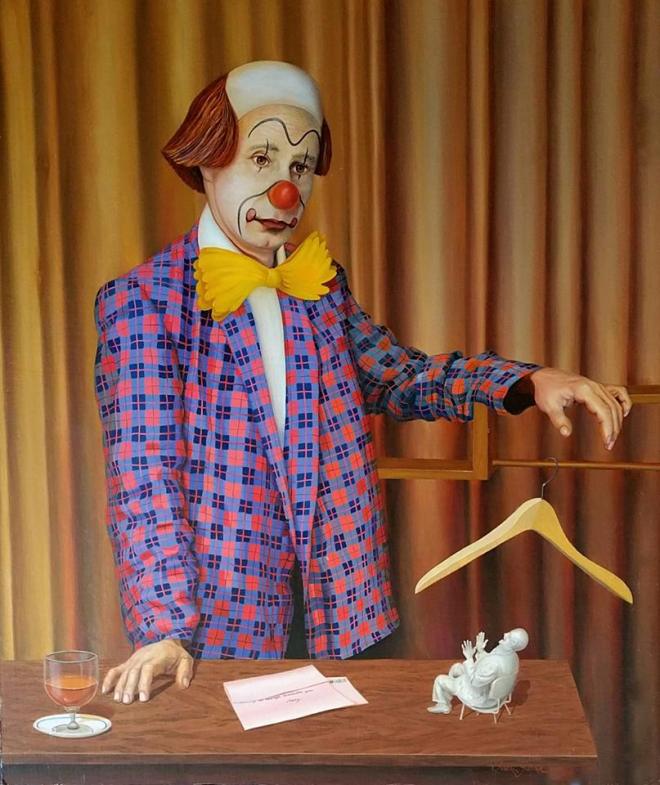 Artist: Ivan Garcia born (1927 - ) chile Latin America  Measures: 36x31 inches oil on canvas / board  Titled: "I will always remember you"  The artist always saw himself as a clown.  Farhat Art Museum Collection.
